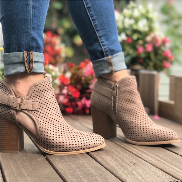 The NEW Boutique Shoes - Taupe Laser Cut Buckle Ankle Booties